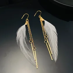 Feather Chain Tassel Design Long Dangle Earrings for Women Bohemian Simple Style Fashion Jewelry Female Vacation Ear Ornament