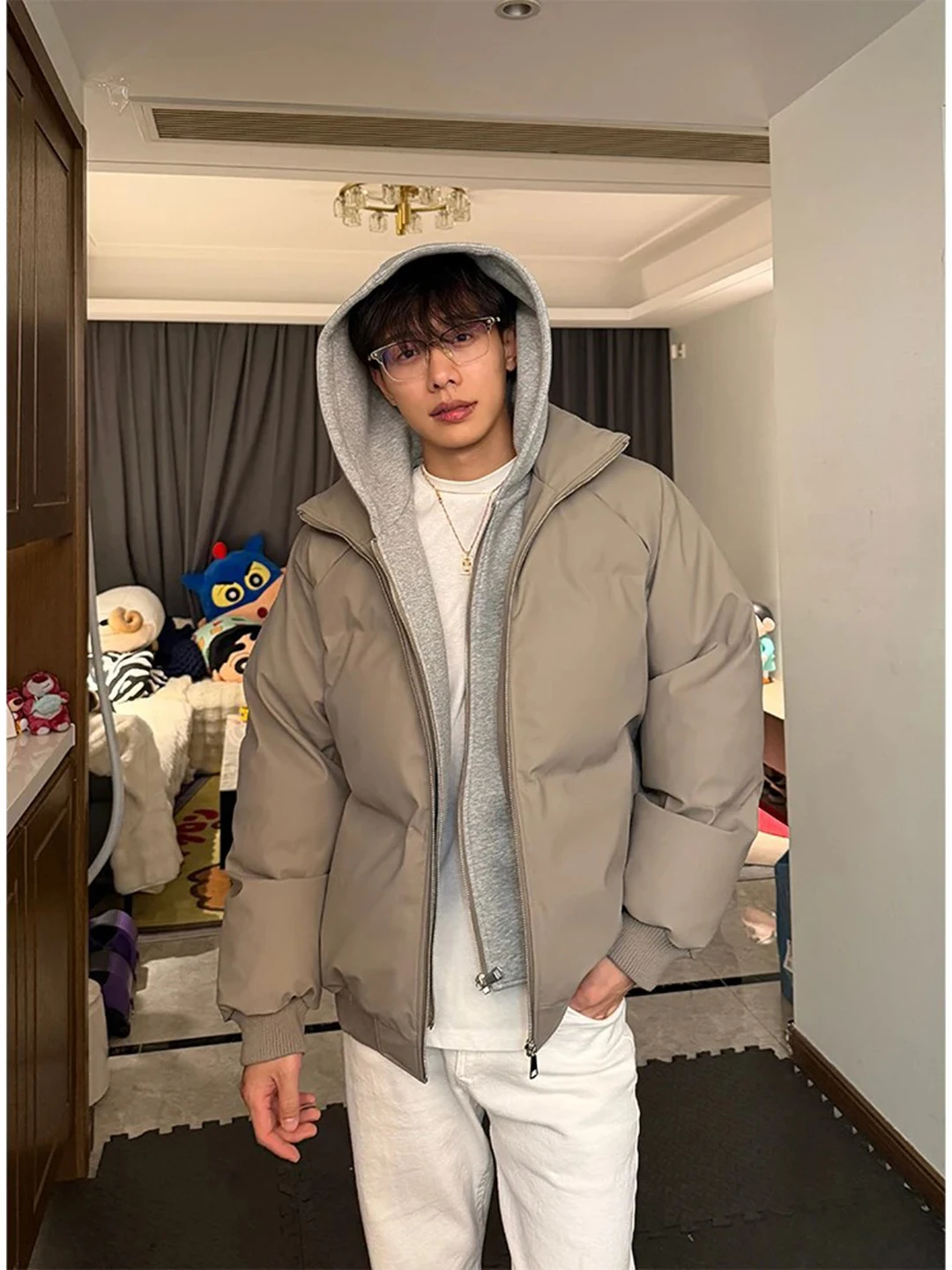 

Cleanfit Men's Short Cotton Jacket Double Layer Collar Hooded Bread Style Coat Warmth Casual Winter Fashion Youthful
