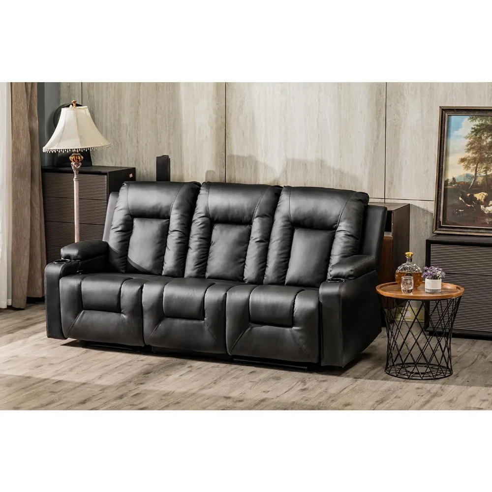 Recliner Chair Set, Furniture 3PC Bonded Leather Recliner Set Living Room Set, Sofa, Recline Chair (Black,Living Room Set 3)