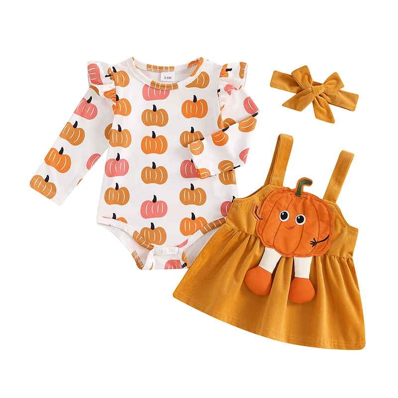 

Infant Baby Girl Halloween Outfit Long Sleeve Romper Pumpkin Ghost Bat Embroidery Suspender Skirt Headband Fall Set