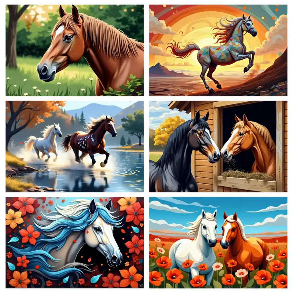 AZQSD Acrylic Paint By Numbers Horse Animal Coloring Drawn Picture On Canvas Sunset Handpainted Home Decoration