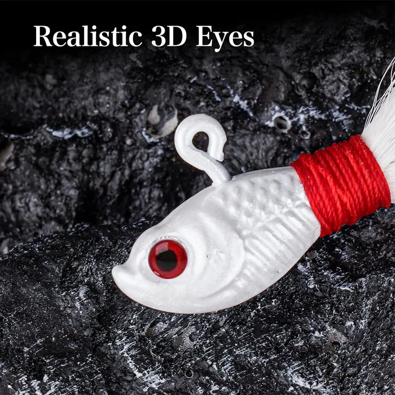 3er-Set Bucktail Salzwasser-Haarjigs mit Köderköpfen, Angelhaken, Köder-Kit, Swimbait-Jig, 3D-Augen, Köderkopf, Hirschhaar, Feder, Bart, Jigging – Detail 3