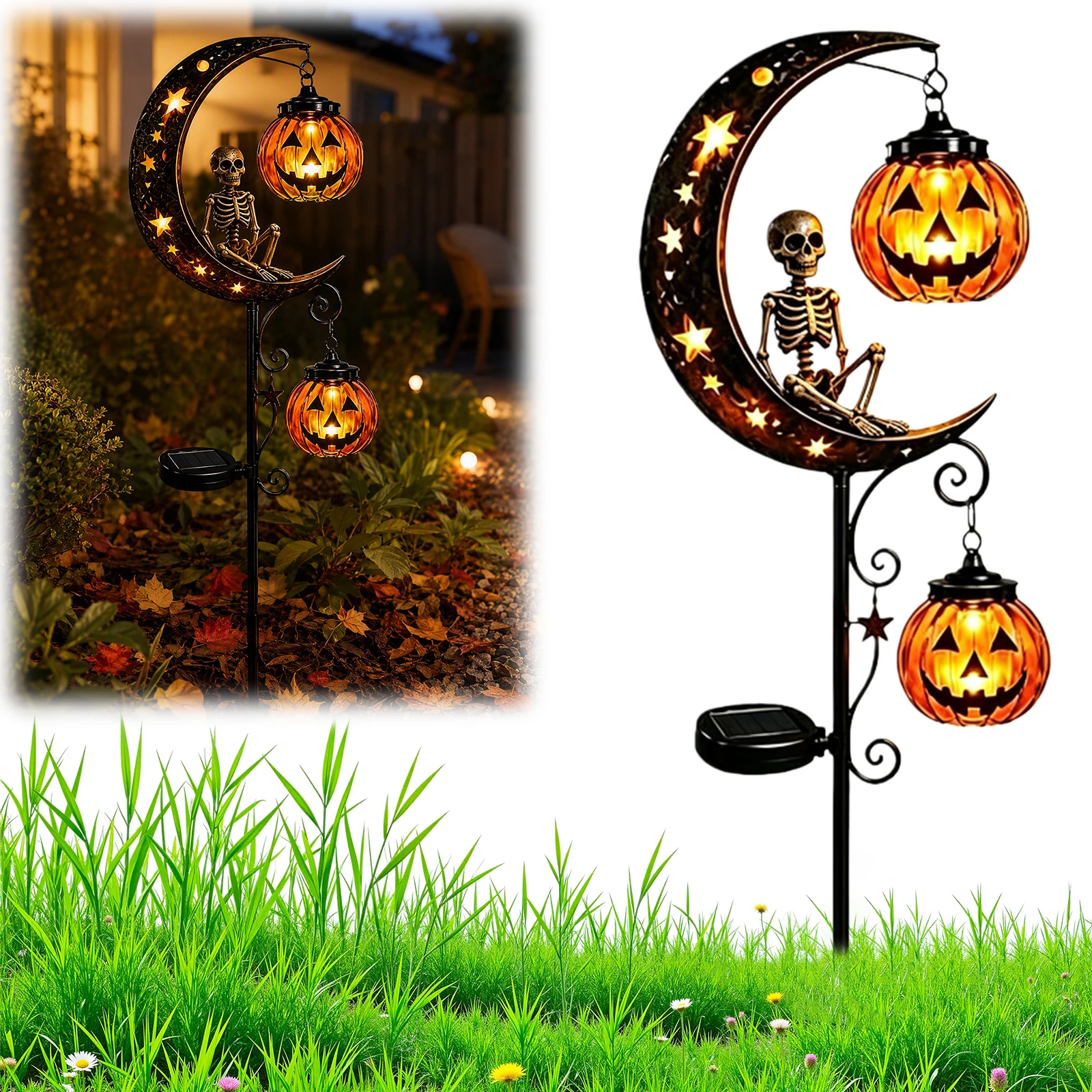 Solar Halloween Moon Pumpkin Stake Light Skeleton Ghost Crescent Outdoor Garden Lawn Yard Decor Auto Dusk-to-Dawn Sensor