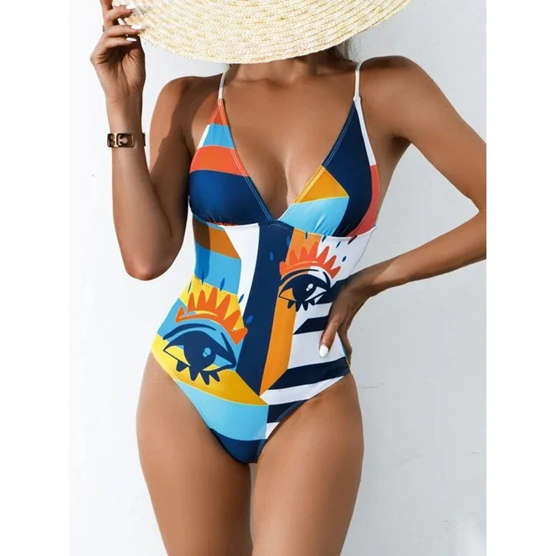 

Deep V One Piece Swimsuit 2025 Vintage Retro Swimwear Women Bathing Suit Backless Beachwear Monokini Female Swimming Suit