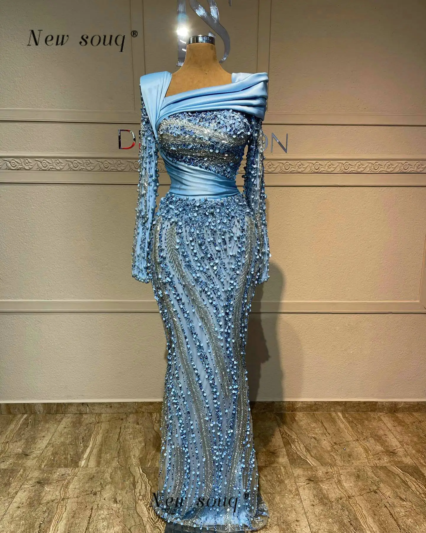 Elegant Baby Blue Long Sleeves Evening Dresses for Women 2024 Pearls Beaded Sparkly Formal Wedding Party Gowns Customized