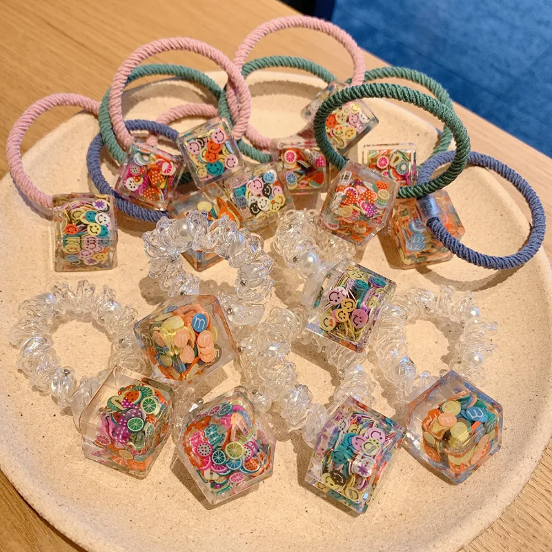 Transparent Cube Color Smile Face M Fruit Round Pieces Elastic Hair Band Woman Girl Cute Sweet Fairy Rubber Ties Fashion Party