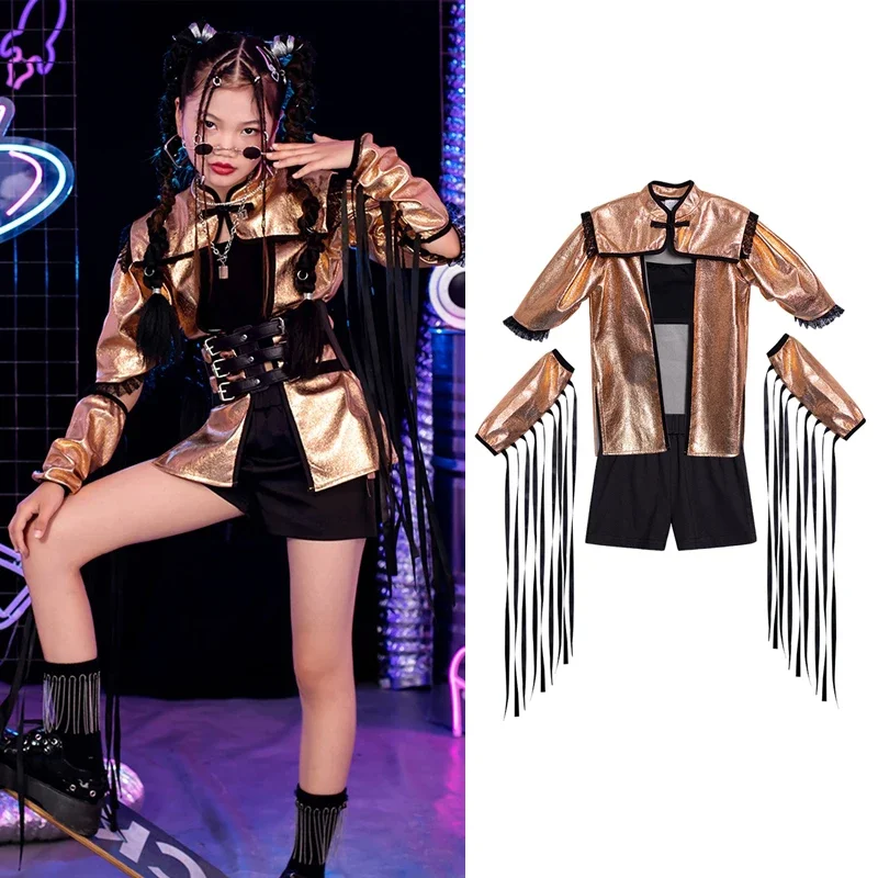 

Girls Jazz Dance Costumes Gold Fringed Top Shorts Kpop Stage Outfits Hip Hop Dance Clothes Children'S Catwalk Clothing