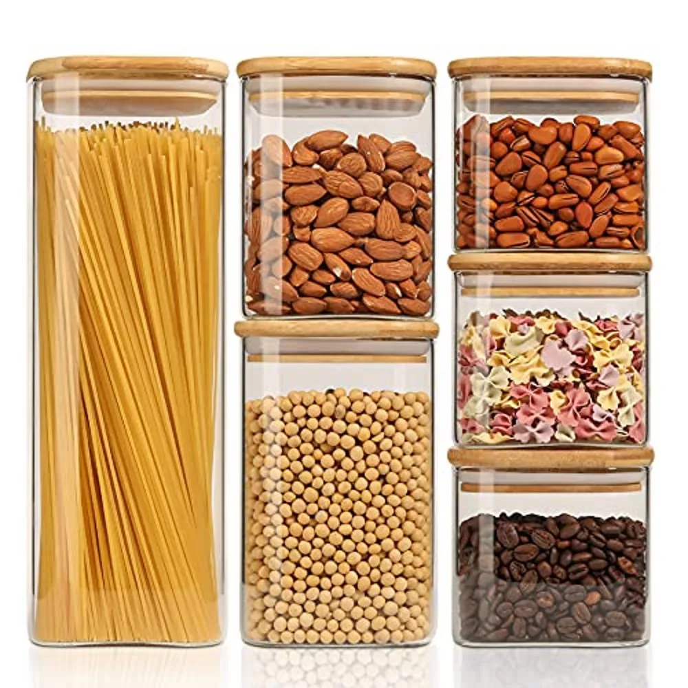 Rectangle Clear Storage Jars with Bamboo Lids For Sugar Coffee  Pantry Organizer Container for Pasta Tea Candy Nuts