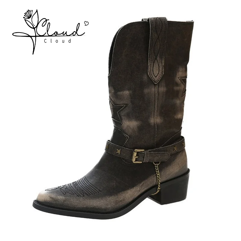 

Western Cowboy High Boots Women Winter 2024 New Pointed Toe Thick Heel Knight Belt Buckle Sleeve Plus Size Female Ankle Shoes