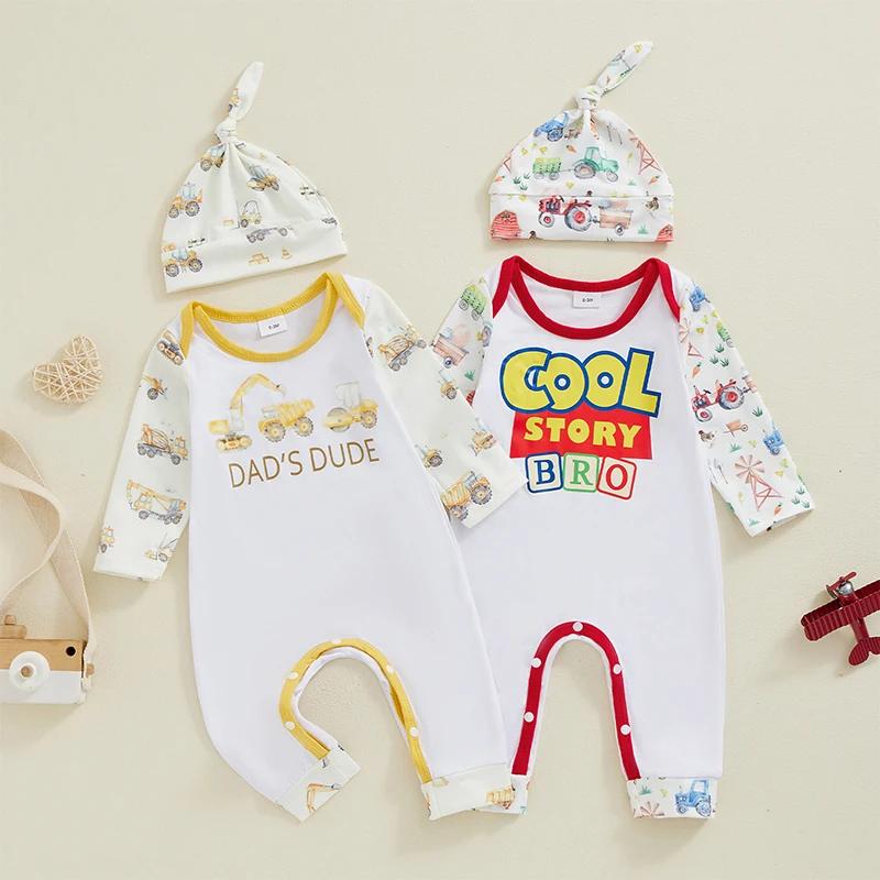 

2024-07-23 Lioraitiin Baby Boys Rompers Letter Truck Print Round Neck Long Sleeve Infant Fall Bodysuits Jumpsuits with Hat