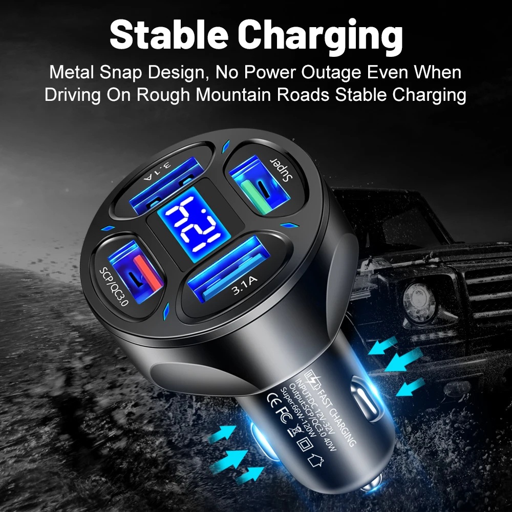 4 Ports 66W Car Charger Fast Charging QC3.0 USB Car Phone Charger Adapter in Car For Phone 15 Smart Cell Phone Quick Charger