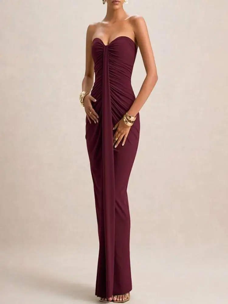 Robes pour femmes 2026 Nouvelle collection Printemps-Été Couleur unie Coupe ajustée Froncée Moulante aux hanches Sans manches Élégante Robe longue