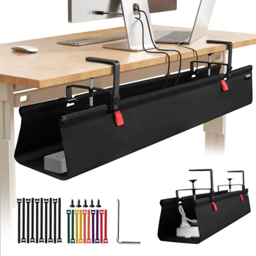 

Under Desk Cable Management Tray with Clamp, No Drill 48" Cord Organizer for Desk, Desk Cable Management Fabric Tray for Standi
