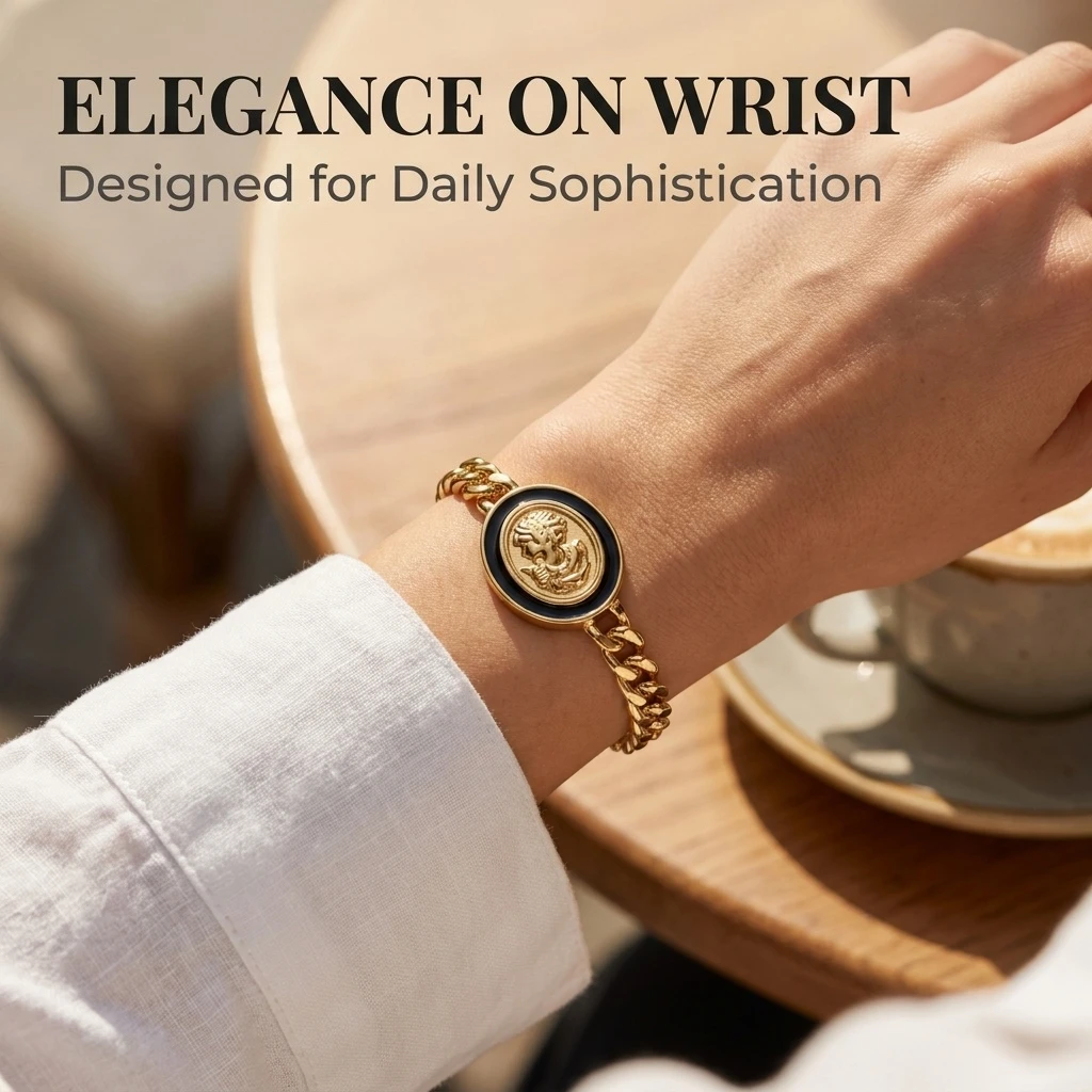 JP One Gold Color Snap-on Enamel Portraits Bangle, Stainless Steel Chain Bracelet for Women, Fashion Jewelry Gift