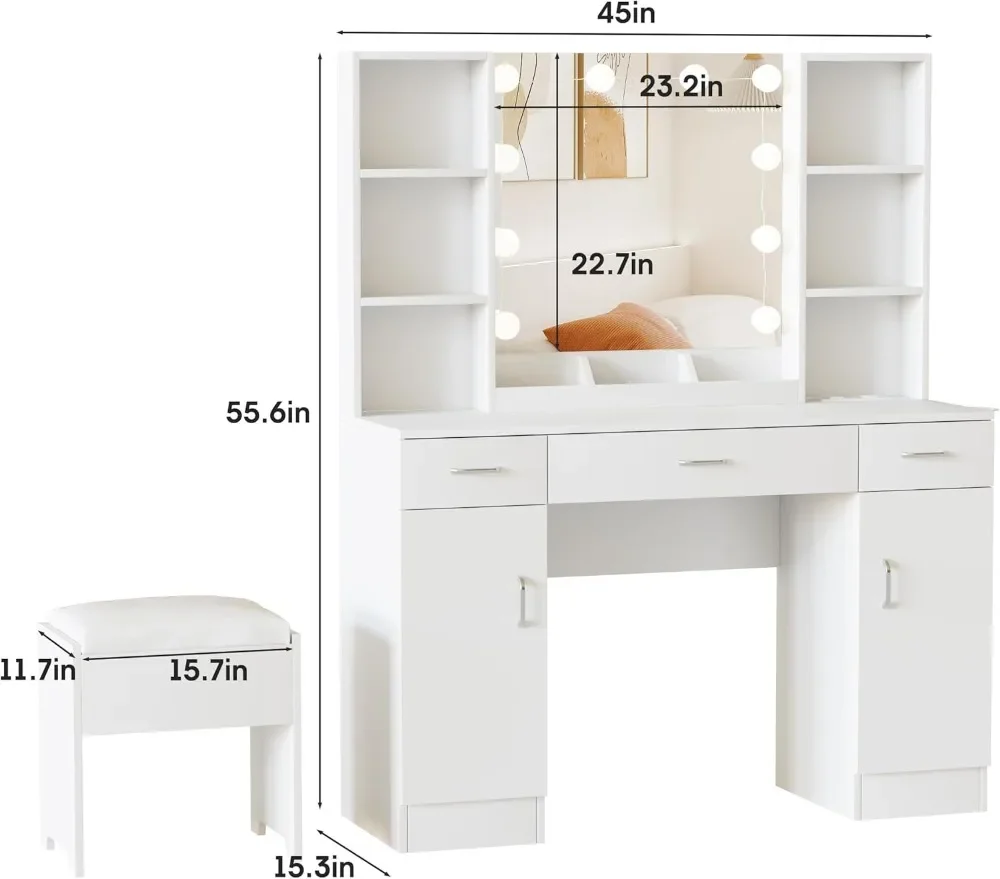Makeup Vanity Table with Lighted Mirror & Outlets, Large Vanity Set Vanity Desk with Lots Storage, 3 Lighting Modes, Brightness