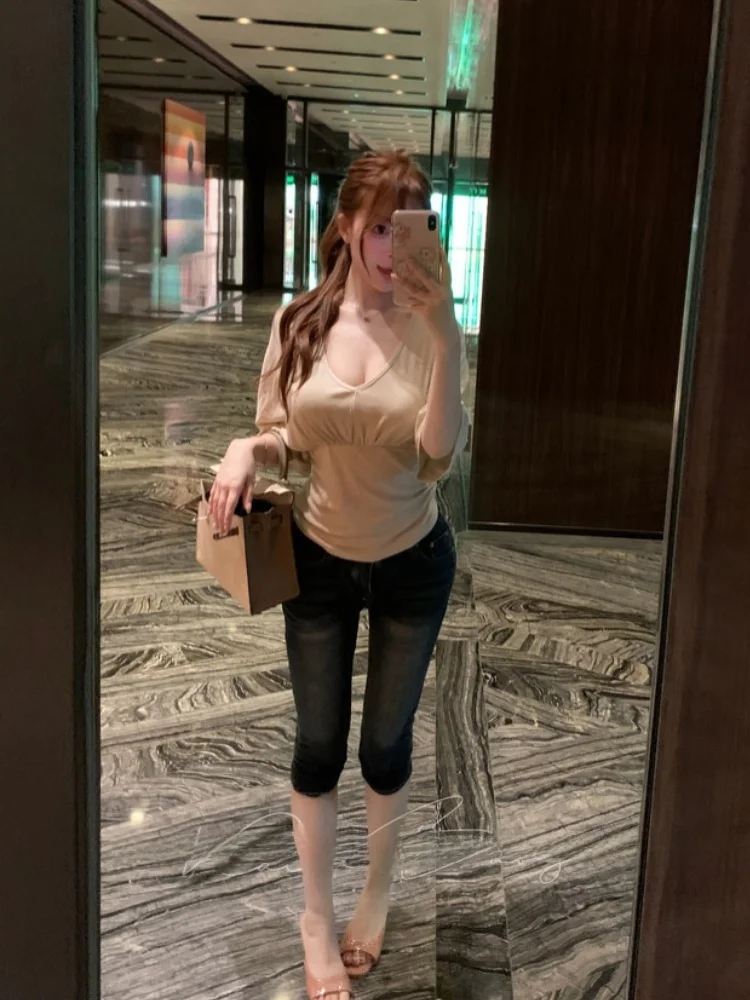Korean Style Slim Fit Jeans High Waist Bootcut Pleated Seven Inch Pants Versatile Slimming Summer Ladies High Elasticity