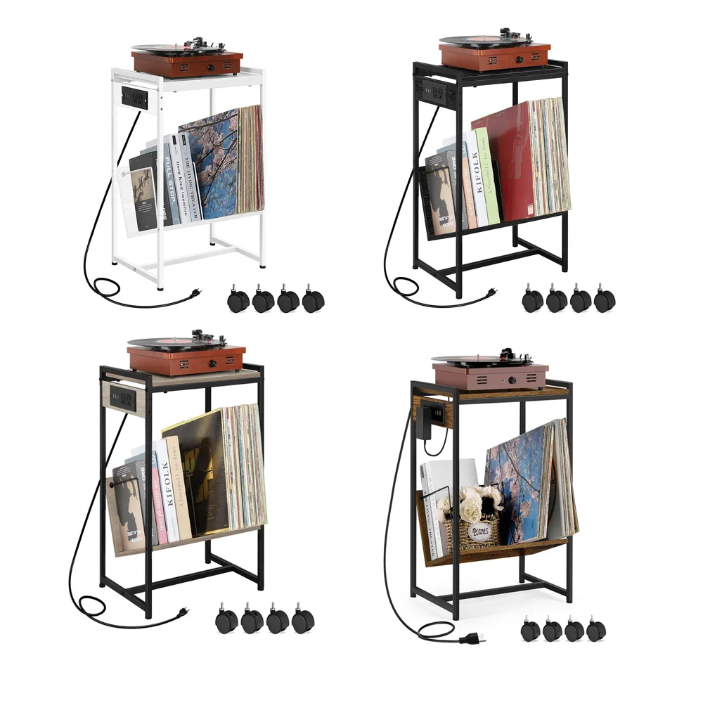 Recorder stand with vinyl storage side table, 2-story recorder table with charging station, and classified storage