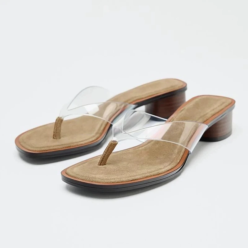 

Summer 2025 New Women's Wooden Heel Sandals Transparent PVC Square Head Outdoor Casual Anti-slip Slippers Fashionable Flip Flops