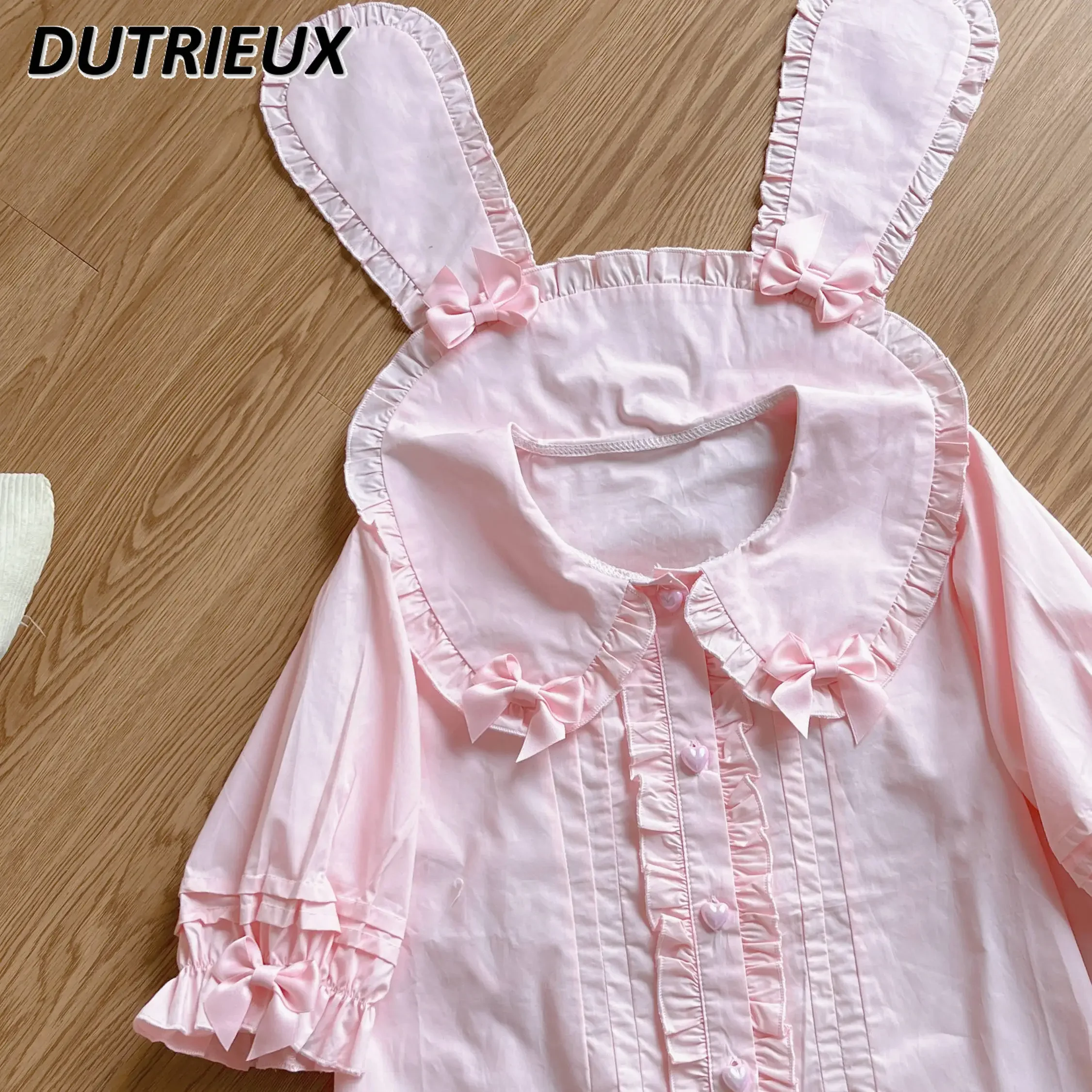 Japanese Style Girl Sweet and Cute Elegant Blouse Lolita Rabbit Bow Short Sleeve Top  Student Solod Color Casual Shirt for Women