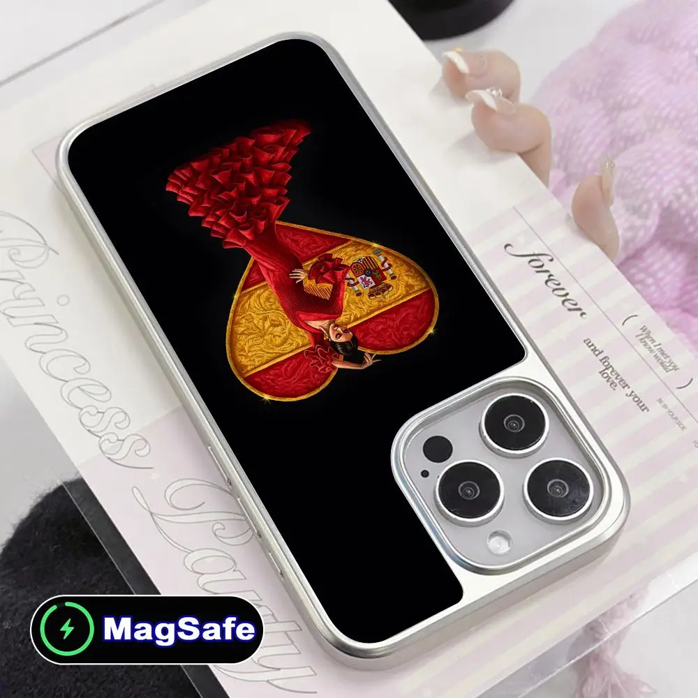

Чехол для мобильного телефона в Испании с фламенко для iPhone 17, 16, 15, 14, 13, 12, 11 Air Pro Max Plus Magsafe, серебряное покрытие, красочный чехол, роскошный
