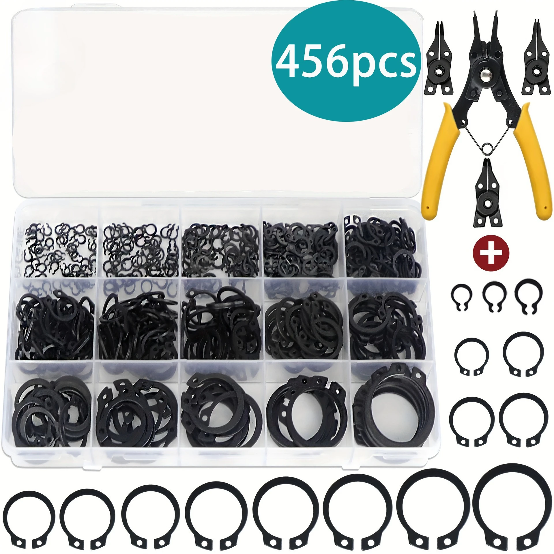 456pcs External buckle M3-M25 + Circlip Pliers Snap Ring Combination Kit Elastic Retaining Ring Wide Snap Ring