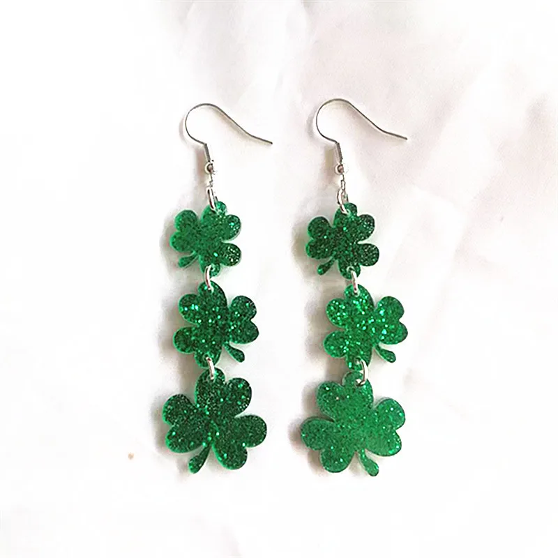 St. Patrick's Day Earrings Carnival Personalized Versatile Green Acrylic Sparkling Powder Clover Lucky Grass Earrings