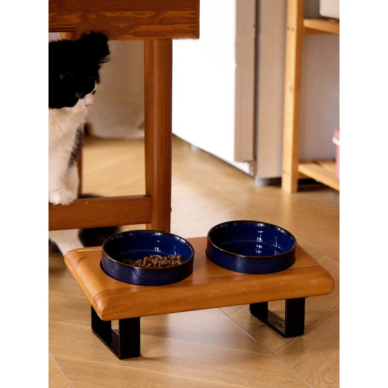 Solid wood cat dog neck-protect bowl angled bowls double bowls height-adjustable bowls shelf ceramic bowls stainless steel bowl