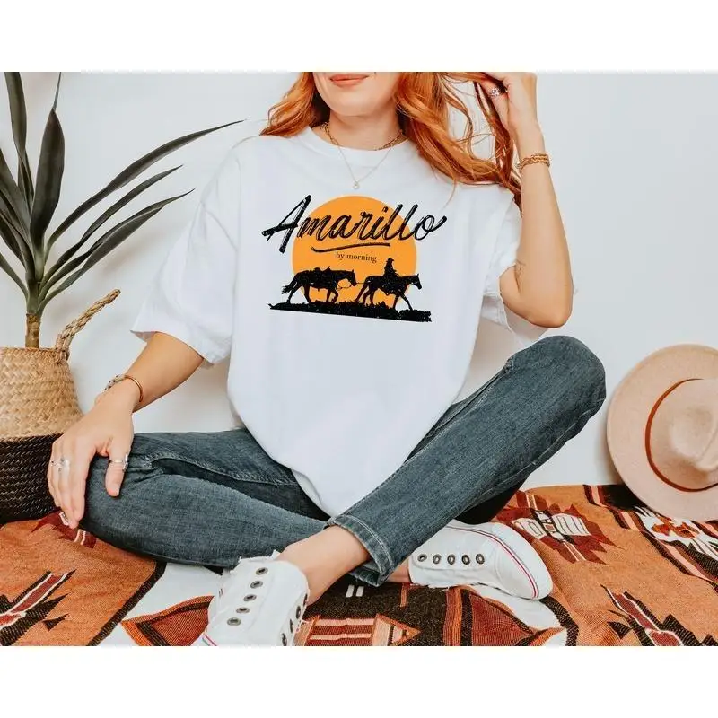 

Amarillo Texas Graphic T-Shirt for Women, Vintage Western Cowboy Horse Riding Tee, Casual Short Sleeve Tops for Travel