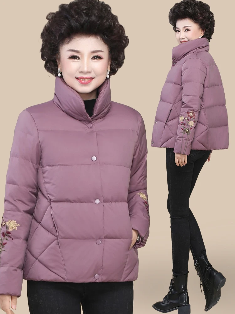 

Lightweight ort down Jaet for Middle-Aged Women Faionable Polyester Pure Color Stand Collar Single Button Loose Fit