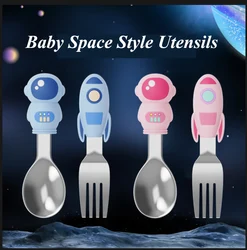 Qshare Baby Cartoon Spoon Forks Set Kids Stainless Steel Utensils Infant Tableware Cute Dinnerware Kids Feeding Spoon Fork Set