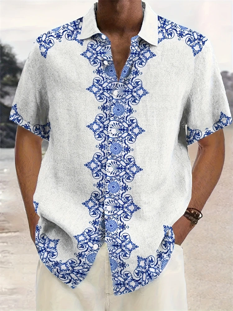 

Новая мужская рубашка с этническим принтом, сине-белая рубашка с короткими рукавами и принтом в этническом племенном стиле, модная рубашка с короткими рукавами с лацканами