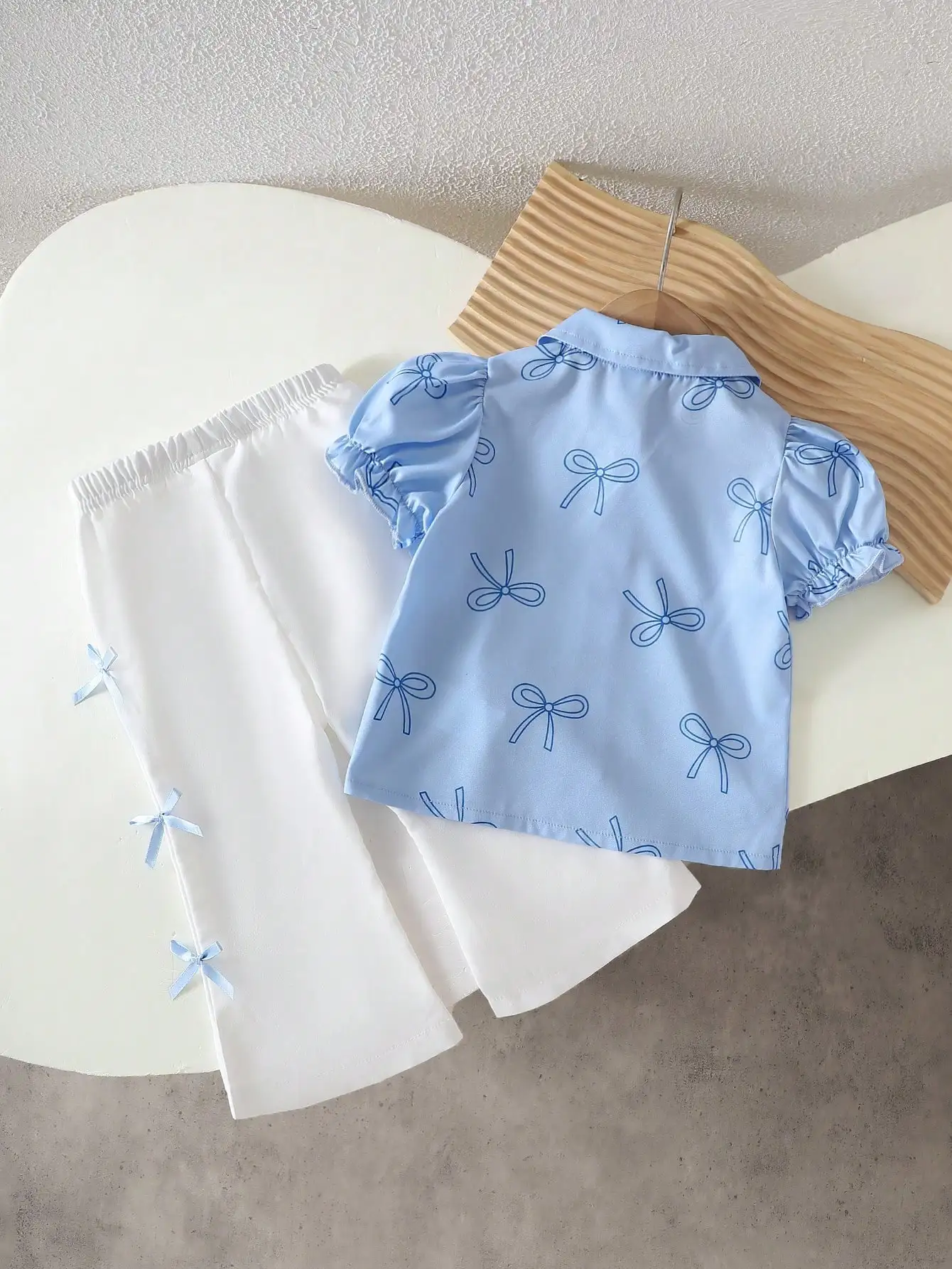 Trendy Infant Girl 2‑Piece Suit Collared Bow Print Top Bow Flare Trousers