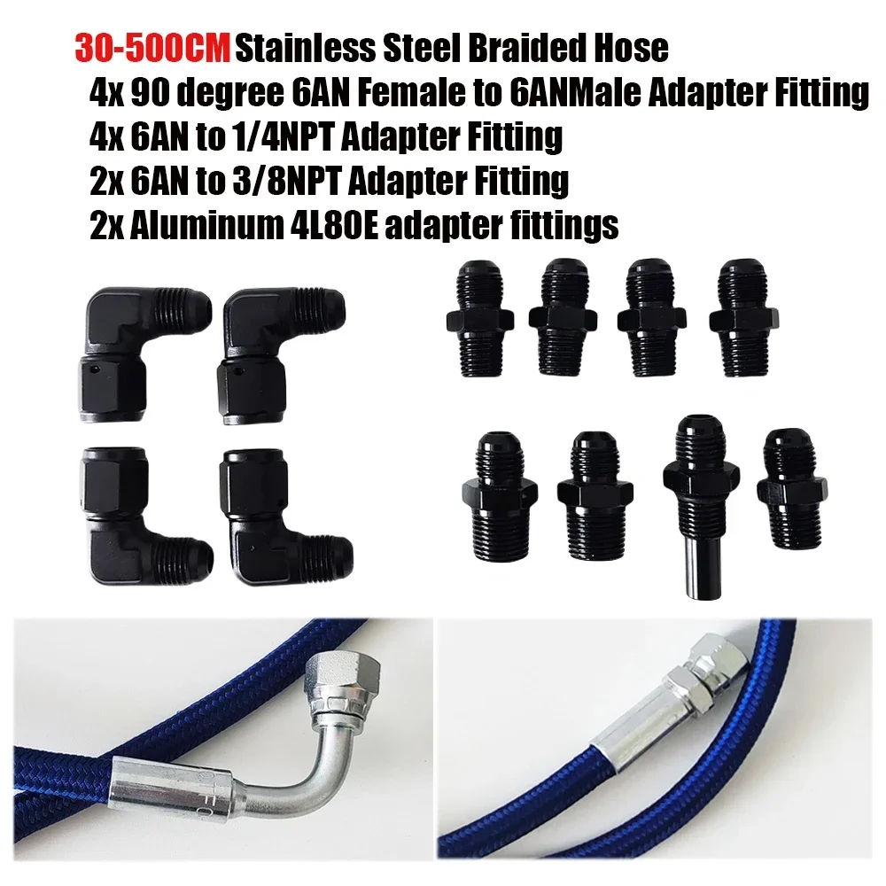 0-90 Degree Hose Adapter 52Inch or 70Inch Stainless Steel Braided Lines Transmission Cooler Hose Fitting AN6 Fuel Hose Pipe line