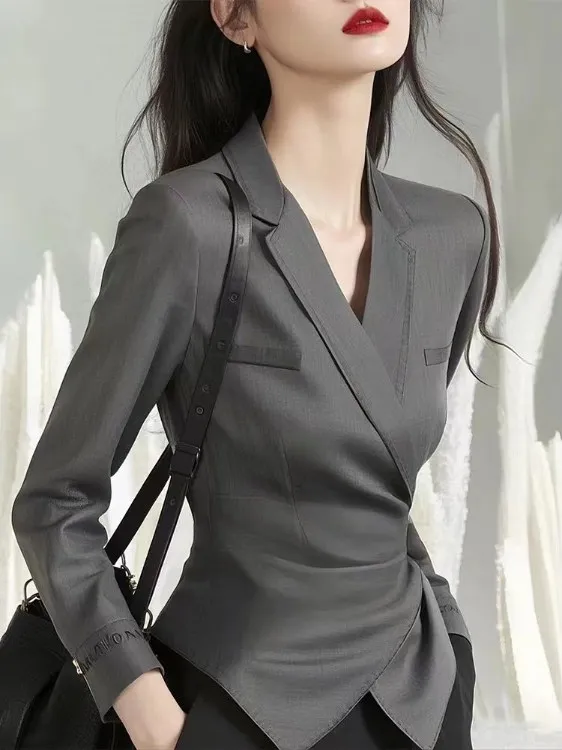 

Ele Long Sve Women's irt Korean Sle Slim Fit Suit Collar Faionable Agel Design Spring Autumn New Arrival