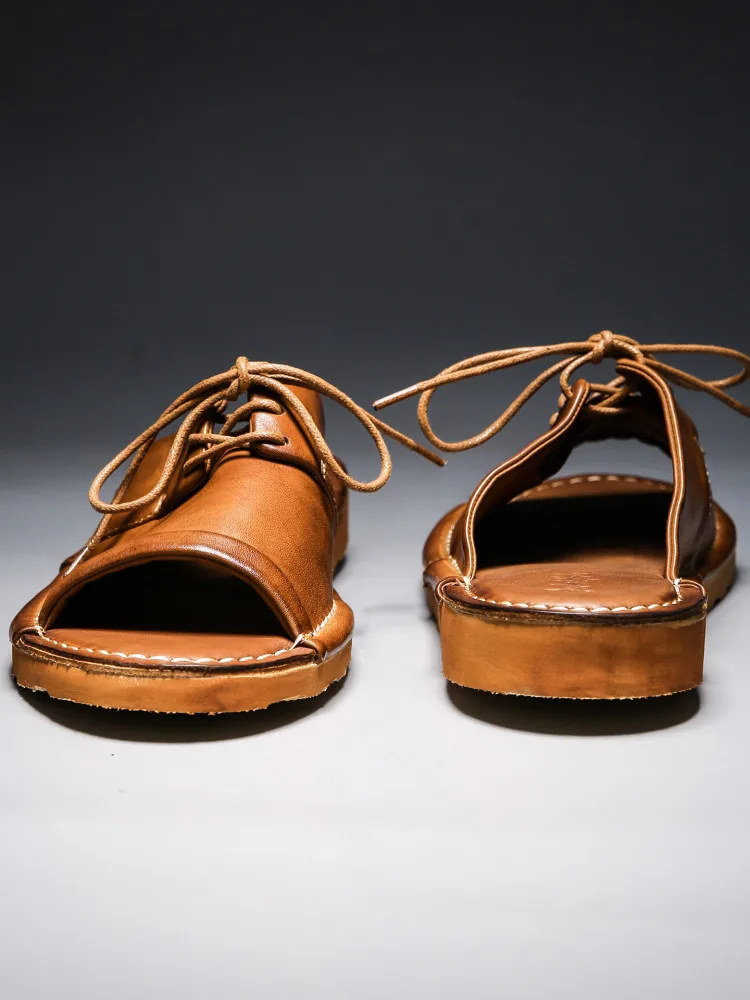 

Washed Cowhide Men's Slippers Outdoor Wear Retro Sandals Wear-resistant Driving Half Slippers High-end Open Toe Sandals Men's