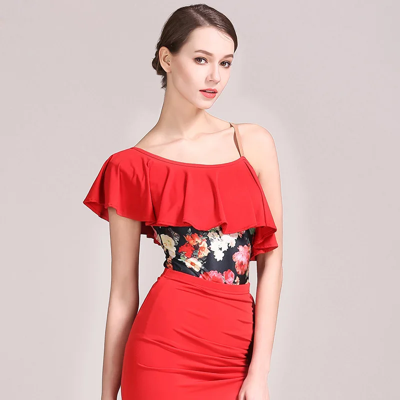 

1pcs/lot woman fashion ballroom waltz dance leotard lady one shoulder ruffles shoulder print dancing top