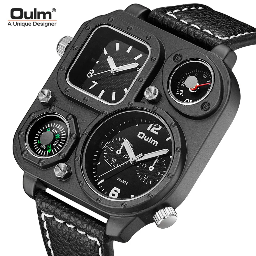 Oulm Brand New Style Black Sport Men\'s Watches Square Dial Unique Decorative Compass Male Quartz Watch Casual Men Wristwatches