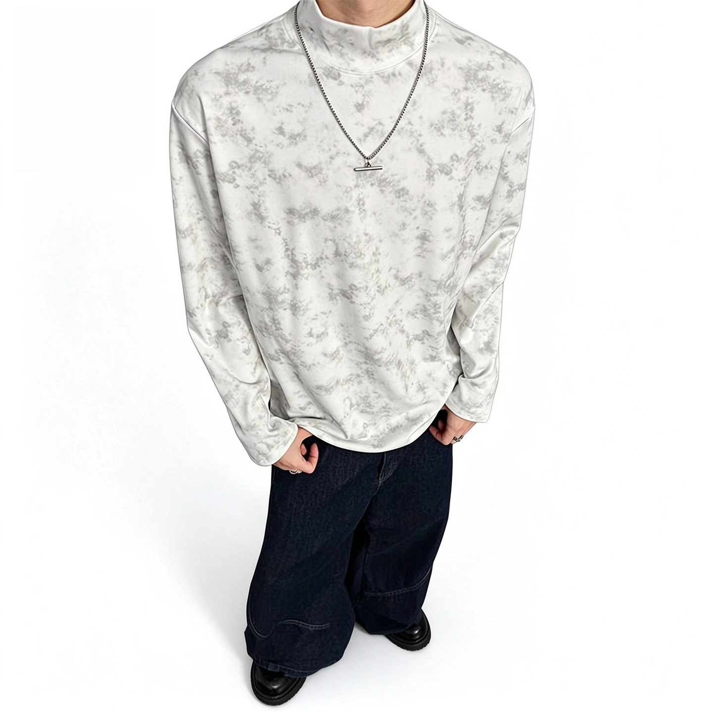 C 2026 New Men Tie Dye Mock Neck Thermal Shirt Fleece Lined De Velvet Long Sleeve Loose Basic Undershirt Autumn Winter Warm Top