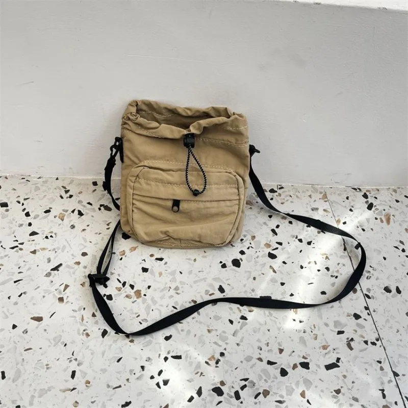 Korean Y2k Simple Drawstring Pleated Handbags Causal Solid Women Mini Shoulder Bag Streetwear All Match Canvas Crossbody Bags