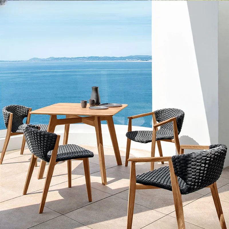 

Teak table and chairs outdoor high-end solid wood garden terrace dining table villa courtyard hotel anticorrosive rope woven