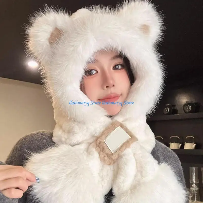 

573B Faux Rabbit Furs Hooded Scarf Hat With Bear Ear Women Winter Hat with Neck Scarf