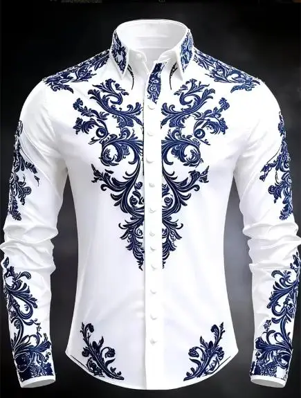 Men's Shirt Blue Baroque Floral Scroll Print Long Sleeve Button Down Shirts Turn Collar Evening Party Stylish Tops Men Clothing