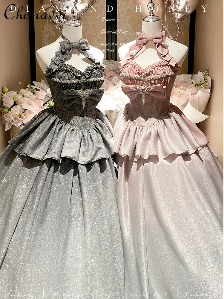 

Gradient Two-stage Skirt Sets Spring and Summer New Birthday Party Heavy Sweet Bow Slim Top and Skirt 2-piece Set Lolita Outfits