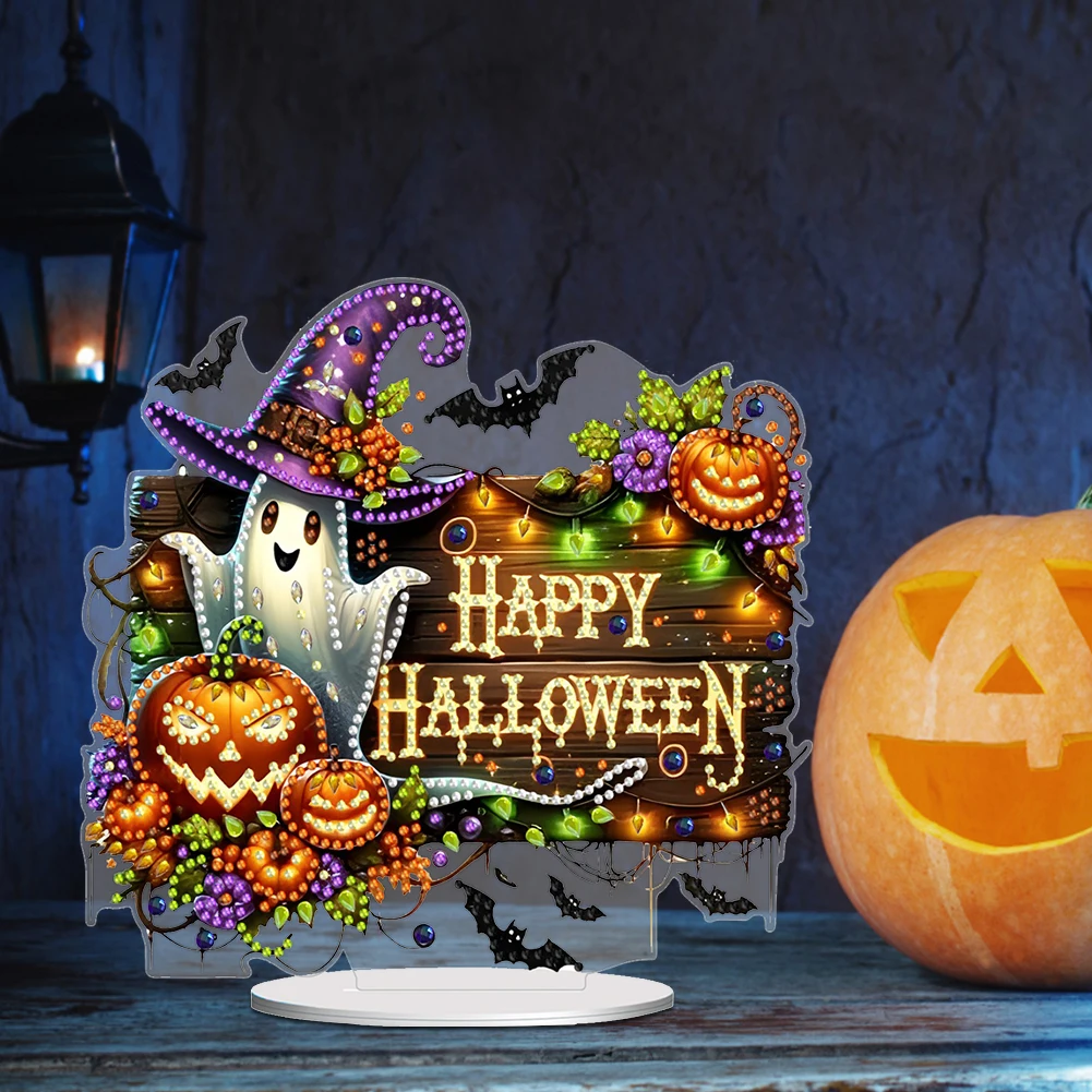 

Acrylic Halloween Theme Diamond Painting Tabletop Ornaments Kit Cat Pumpkin Owl Witch Haunted House Decor Halloween Decorations