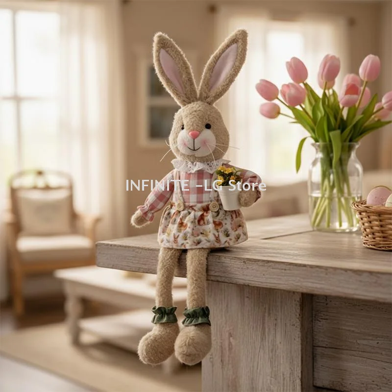 Easter Themed Pastoral Long Leg Sitting Rabbits, Plush Desktop Decoration Ideal For Party And Family Gatherings