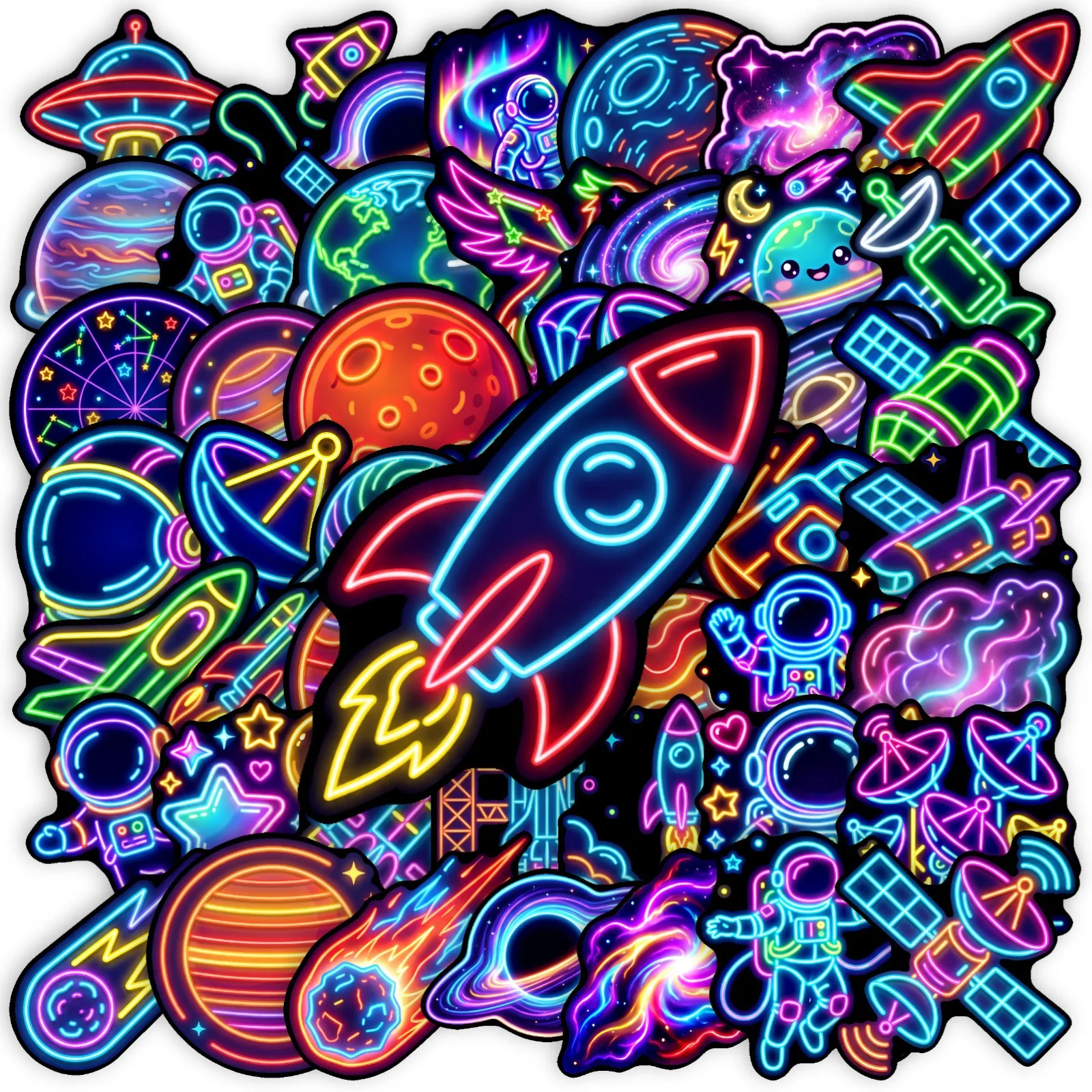 50 PCS Neon Style Space Universe Rocket Planet Theme Stickers Decorate Luggage Scrapbook Helmet Non Repeated Waterproof Decals