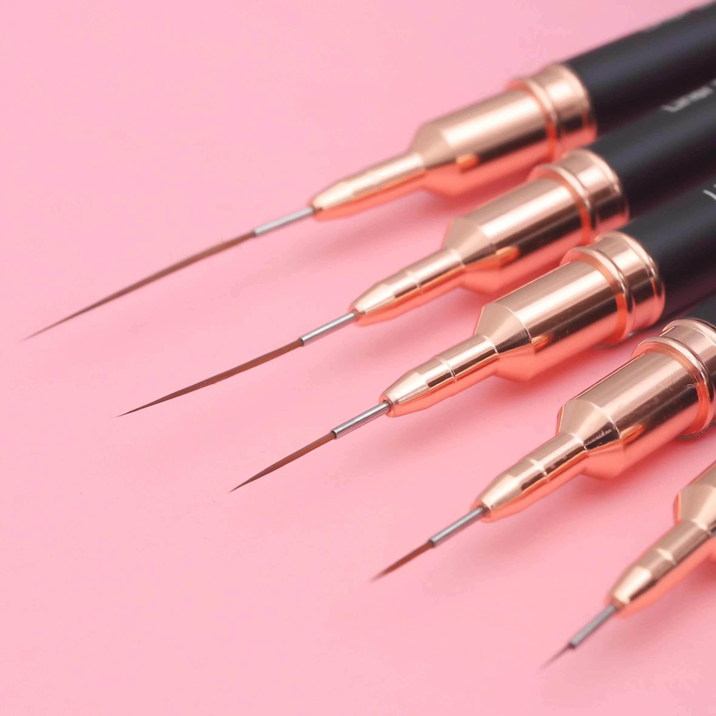 5pcs 전문 네일 아트 라이너 스트라이핑 브러쉬 도구 핑크 금속 손잡이 드로잉 세부 그림 블렌딩 라이너 네일 브러쉬
