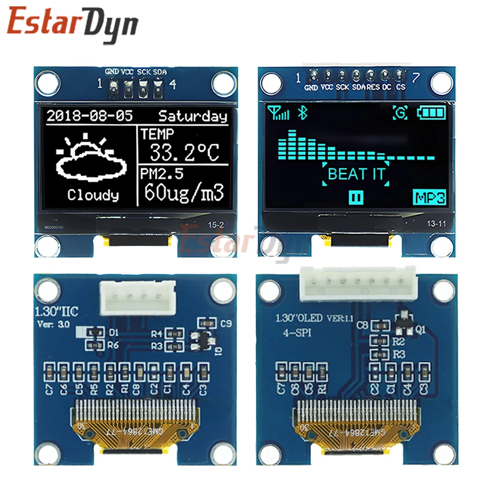 Estardyn 1.3 inch OLED RoHS Module 2.54mm Connecting Terminals SPI/IIC I2C Communicate White/Blue Color 128X64 1.3