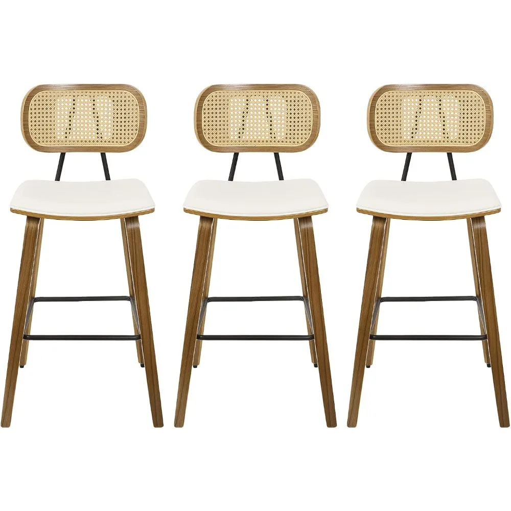 

Counter Height Bar Stools Set of 3, Mid Century Modern Counter Stools, 26" Wood Kitchen Stool PU Leather Upholstered Barstool