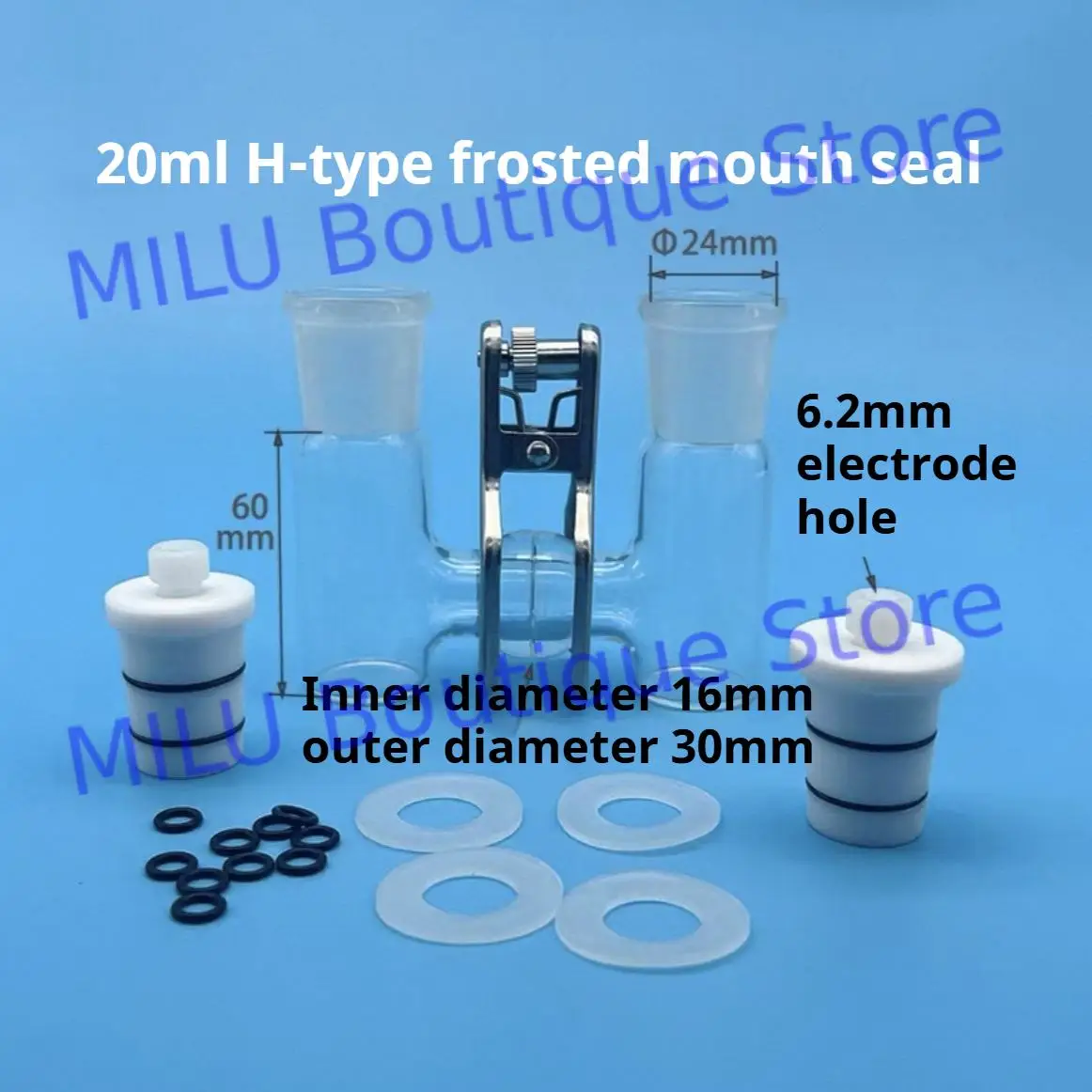 Célula eletrolítica selada tipo H com corpo de eletrodo fosco e copo pode ser equipada com membrana ionica